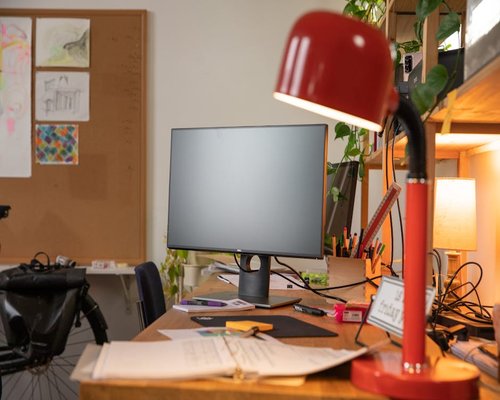 organized computer desk with plants and stationery